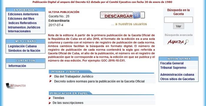 Portada del sitio web de la Gaceta Oficial de la República de Cuba Portada del sitio web de la Gaceta Oficial de la República de Cuba