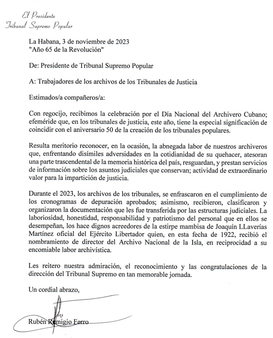 Carta de felicitación a los archiveros del Sistema de Tribunales 