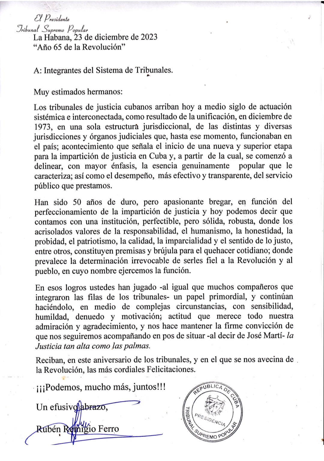 Carta de felicitación del presidente del Tribunal Supremo Popular por el aniversario 50 del Sistema de Tribunales