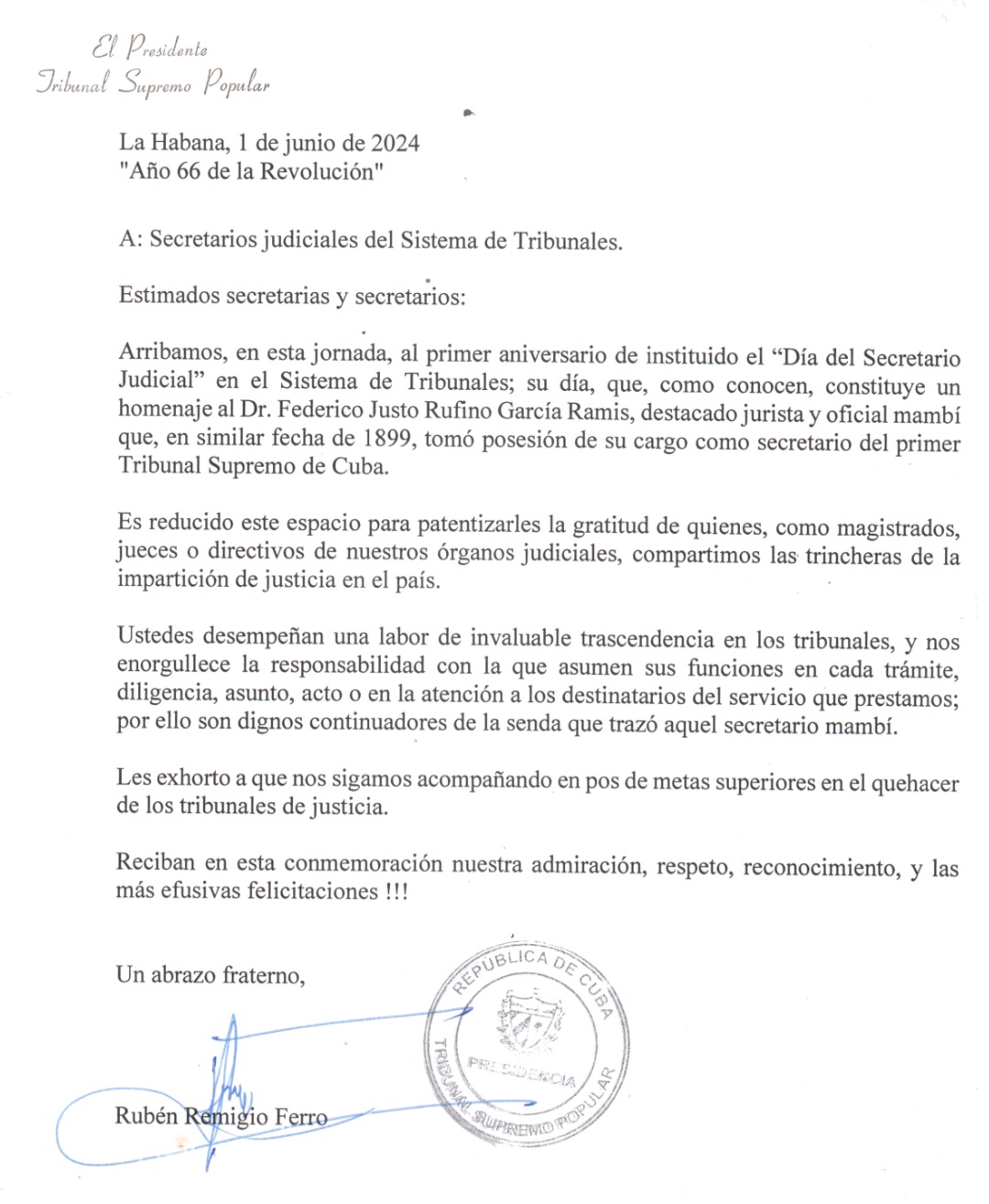 Carta de felicitación del presidente del Tribunal Supremo Popular a los secretarios judiciales en su día